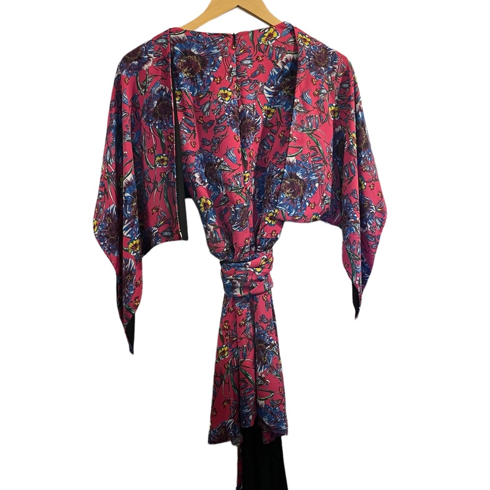 PRABAL GURUNG Collective Pink Floral Cape-Sleeve Tunic Blouse Belted - Size 6 - Picture 5 of 11